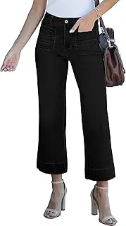 [cordat] Wide Leg Jeans for Women Mid Waisted Straight Leg Stretchy Cropped Denim Pants with Patch Pockets Jeans, 01-black, Large