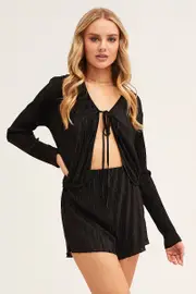 Black Plisse Top Tie Front Long Sleeve - Size XS, Women's Shirt