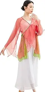 [Angcoco] Women's V-Neck Long Sleeve Spliced Chiffon Top for Traditional Dance Training