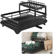 2 Tier Dish Drying Rack,360 Degree Rotating Drainer,Rustproof Dish Drainer with Cutlery Utensil Rack, Holders for Kitchen Storage， Organisation (Black)