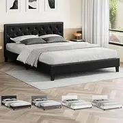 ALFORDSON Bed Frame Base Queen Size, Bed Platform Foundation with PU Leather Upholstered Tufted Headboard for Mattress Topper, Madelyn Black
