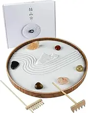 Japanese Zen Garden for Desk - Static Mountain 10" x 10" Desktop Mini Zen Garden with White Sand Artificial Tree Rocks Rakes & Accessories - Meditation Zen Gifts Sand Garden Kit for Office Zen Decor