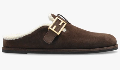 Fendi Feel Mules Brown Suede Shearling FF Gold Logo Slip On Slide Clog Flat 40.5