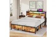 Advwin Bed Frame with Charging Station and RGB LED Lights Queen Size