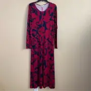 Boden New Size 20-22L Red Navy Floral Lucy Stretch Jersey Long Sleeve Midi Dress