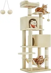 Feandrea Cat Tree, 155 cm Cat Tower for Indoor Cats, Plush Multi-Level Cat Condo with 5 Scratching Posts, 2 Caves, Hammock, 2 Pompoms, Beige PCT192M01