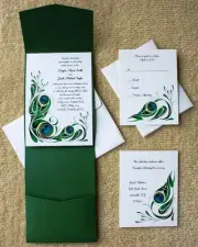 100 Personalized Custom Pocket Peacock Feathers Bridal Wedding Invitations Set