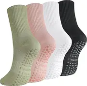 [Zuimei] 4 Pairs Yoga Grip Socks Women, Non Slip Pilates Socks Grippy Socks Ladies Mid-Calf Grip Socks Breathable Cotton Socks for Ballet, Dance, Workout, Fitness, Running