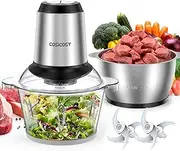 Food Processor with Dual Bowls, Cosicosy 2L Meat Grinder Set, 4 Stainless Steel Blades, 2-Speed Adjustable Food Chopper for Meat, Salads, Sauces, Vegetables, Fruits, Nuts, 300W