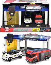 Dickie Toys 203716026007 - Norwegian Rescue Station with Police Car and Fire Engine - Rescue Station with Light, Sound, Including Norwegian Police Car and Fire Vehicle, 31 x 22 x 16 cm