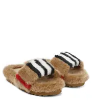 [Burberry Kids] Burberry Kids Icon Stripe faux fur slides UK 9 brown