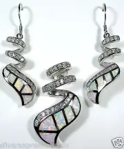 White Fire Opal & White Topaz Inlay 925 Sterling Silver Pendant & Earrings Set