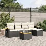 6 Piece Outdoor Patio Garden Sofa Set with Cushions, Poly Rattan Furniture Set, Black, Durable Wicker, Includes Chair, Table, and Footstool, UV-Resistant, Modular Design, for Balcony