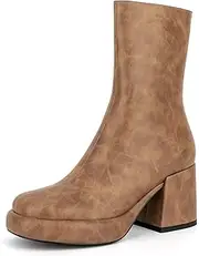 [UP2STEP] Women Casual Round Toe Platform Mid Calf Boot Vegan Leather Suede Block High Heel Zipper Boots