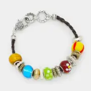 NEW Multi-Color Glass Lampwork Silver Beads Braided Cord Lobster Clasp Bracelet