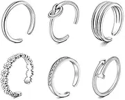 [Meawaho] 6PCS Silver Toe Rings for Women, Non Tarnish Adjustable Open Toe Rings, 6 Styles Toes Ring Set for Summer Women Foot Jewelry, Mother Of Pearl, No Gemstone