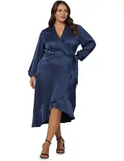 [Pink Dusk] Crush Satin Wrap Dress in Navy