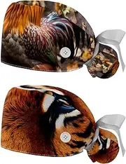 [YTYVAGT] 2-Pc,Nurse Scrub Caps,Scrub Hats with Buttons and Cotton Sweatband,Animal Chicken Poultry Pattern
