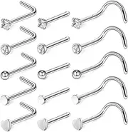 [BNREOZA] 15 Pieces Silver Nose Piercing Nose Stud, 316L Surgical Steel Nose Ring Piercing Set, Piercing Stud Nose Piercing, Men and Women, Synthetic Cubic Zirconia Nose Stud (Silver)