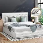 Bed Frame Double Size Gas Lift Base With Storage White Leather Oikiture