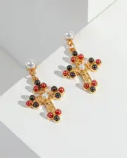 Multi Colour Pearl Cross Earrings