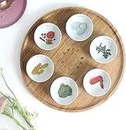 13” Hand Made Large Passover Seder Plate with 6 Colorful Ceramic Bowls, Bamboo Passover Sedar Plate Set, Giftable Packaging, Jewish Holiday and Traditional Table Decorations Gift