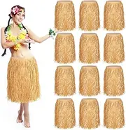Berlune 12 Pcs Bulk Raffia Hula Skirts for Adults Hawaiian Grass Skirts Hawaiian Luau Tropical Theme Party Costume Accessory
