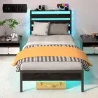 Twin Bed Frame with LED Lights & Charging Station, Storage Headboard, Heavy D...