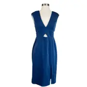 Aidan Mattox Women's Cocktail Dress Size 2 Blue Metallic Cut Out Midi Sheath