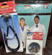 New Adult Unisex Doctor Lab Coat Stethoscope Reflector Costume One Size 3 Pc