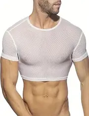 [GYMAPE] Mens Semi Sheer Mesh Crop Tank Top Shirts Slim Fit