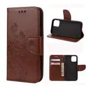 For iPhone 12 / 12 Pro Case, Butterfly Flower Folio PU Leather Case, Card Slots, Wallet, Brown