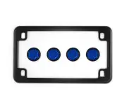 Matte Black Motorcycle License Plate Frame w/ 4 Blue Reflector Bolts Set