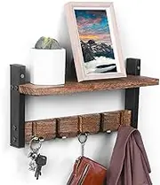 Coat Rack Wall Mount with Shelf, 16" with 5 Flippable Wall Hooks for Hanging, Rustic Wood & Reinforced Iron, Entryway, Living Room, Bedroom, Bathroom