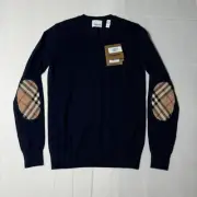 $830 BURBERRY BEMPTON Navy MERINO WOOL ELBOW CHECK PATCHES PULLOVER SWEATER XXS