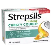 Strepsils Herbal Chesty Cough + 32 Lozenges - Honey Lemon Flavour Sore Throat