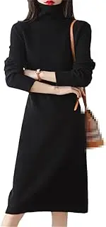 [Zozogag] 100% Solid Wool Knitting Dresses Women Turtleneck Winter Autumn Warm Knee-Length Dress Female Sweater