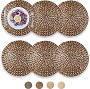 Decocoon Round Table Placemats, Water Hyacinth Place mats, Braided Straw Table Mats for Boho Dining Table, 6 Pack (35 cm (Set of 6), Black)