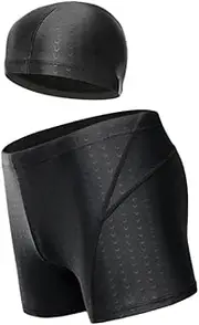 BIUDECO Men's Swimming Underwear High Elastic Waterproof Trunks Set Hat Adults Black Size XL
