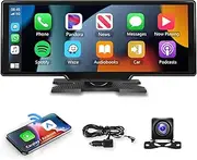 Podofo 10.26" Wireless CarPlay Car Stereo with 1080P Backup Camera, Portable Car Radio with Wireless Android Auto, IPS Touchscreen, Voice Control, Bluetooth, CarPlay Navigation, AUX/FM
