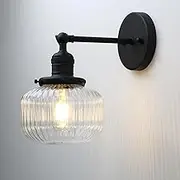 Buyee Vintage Industrial Wall Sconce Indoor Lighting Fixture with Clear Globe Ribbed Glass Lampshade for Bedroom Dining Room Kitchen Hallway (Black)