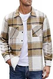 [JNQQTTMM] Men's Breathable Coat Jacket Shirt with Plaid Print Autumn Winter Lapel Long Sleeve Pocket Loose Fit Single Breasted Grey XL/57