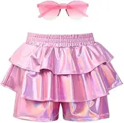 [Mirawise] Girls Pleated Metallic Shorts Shiny Sparkle Ruffle Scooter Skater Dance Elastic Waist Rave Pants with Sunglasses for 6-13Y