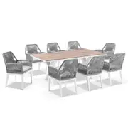 Kansas 2m Outdoor Teak Timber and Aluminium Dining Table with 8 Hugo Rope Chairs
