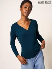 White Stuff Blue 100% Cotton Long Sleeve Nelly T-Shirt (D57244) | $58