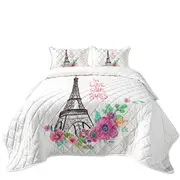 Paris Eiffel Tower Drawing and Flowers Coverlet