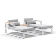 Balmoral Daybed Outdoor Aluminium and Teak Lounge with Round Side table White - Textured Olefin Grey