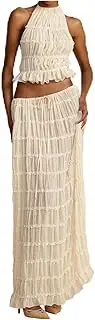 [YISHATIER] Women's Backless Halter Tank Top and Pleated Retro Chiffon Long Maxi Skirt Tulle Ruffle Skirt Sets