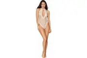 Fishnet Halter Teddy w Stretch Lace Edge Trims White