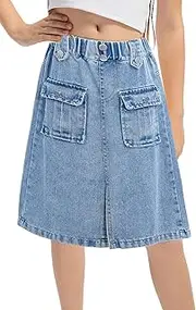 [Adigau] Girl’s Denim Skirt Casual Midi Knee Length Skirts with Pockets Elastic High Waist A Line Jean Skirt 5-14 Years